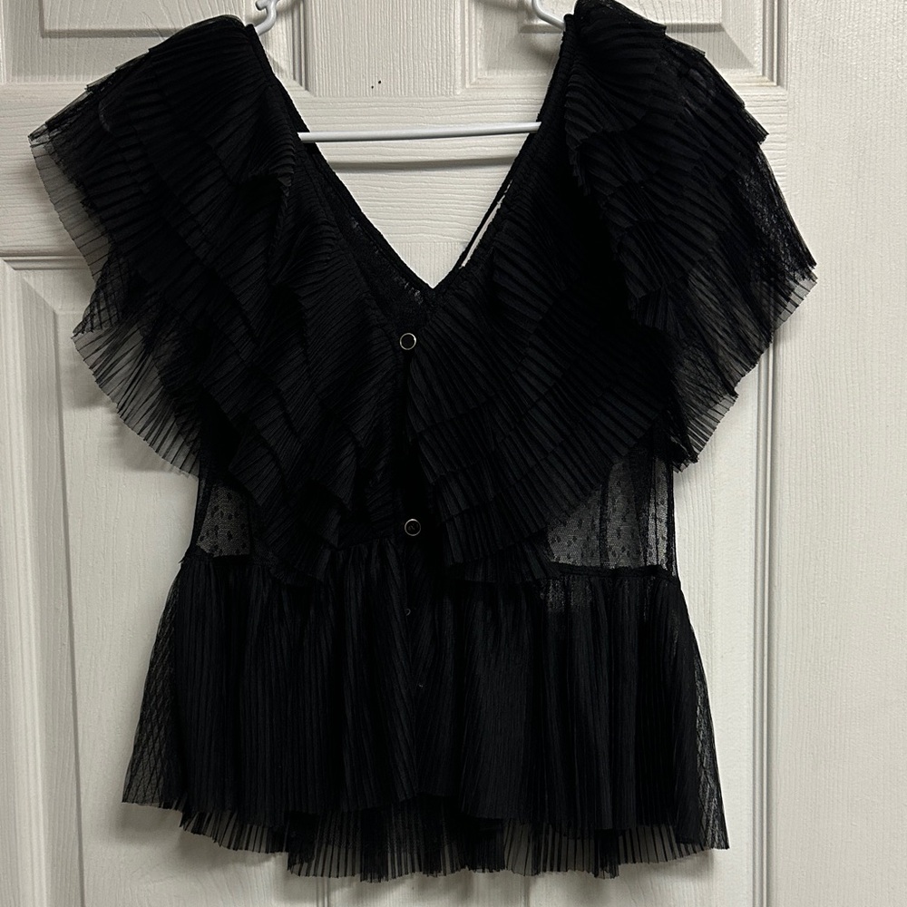 Black Ruffled V-Neck Blouse